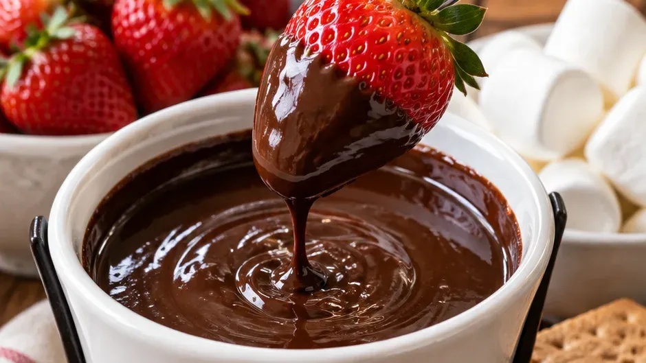 Foto de fondue de Chocolate com Marshmallow e Morango (Estilo S'mores) pronto para servir