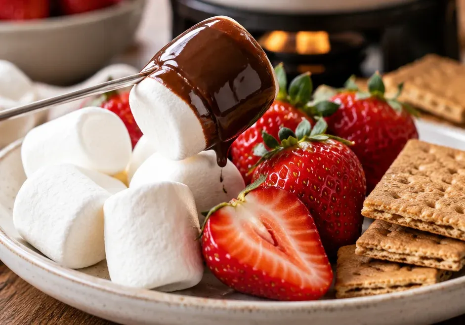 Outra foto de fondue de Chocolate com Marshmallow e Morango (Estilo S'mores)