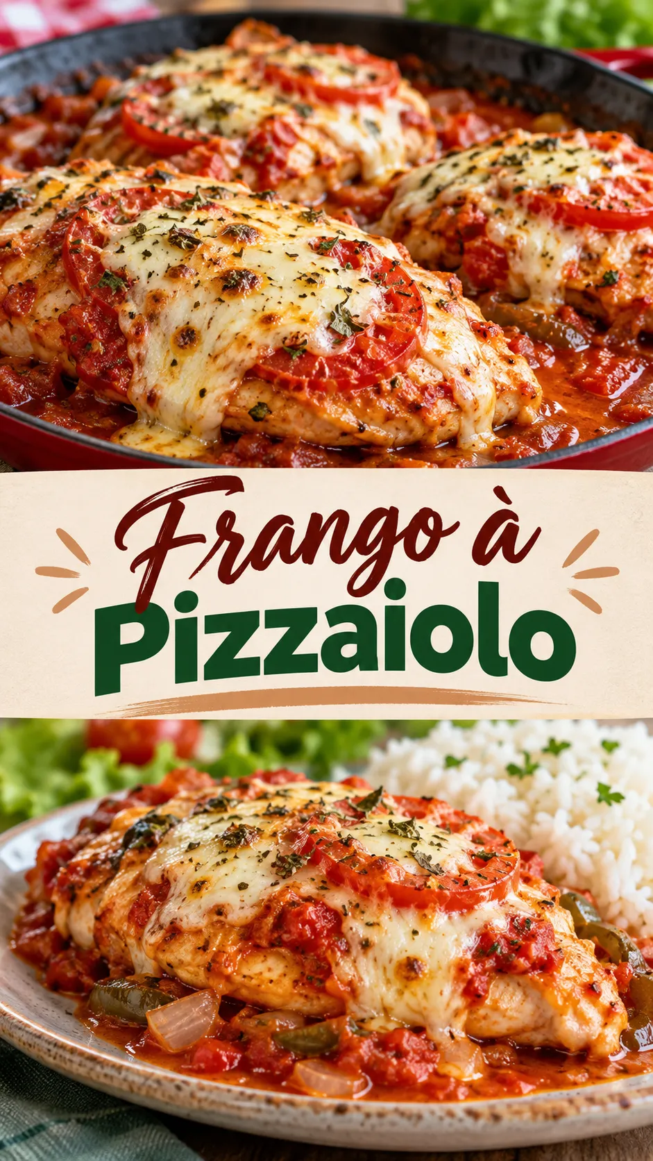 Imagem para o Pinterest com o título “Frango à Pizzaiolo” e duas fotos da receita