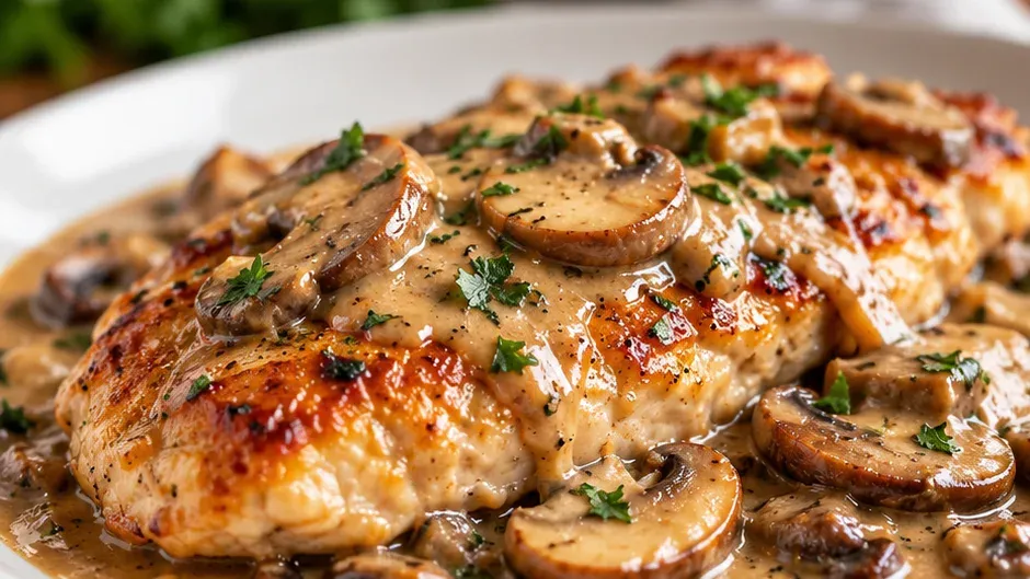 Foto de frango ao Marsala com Champignon pronto para servir