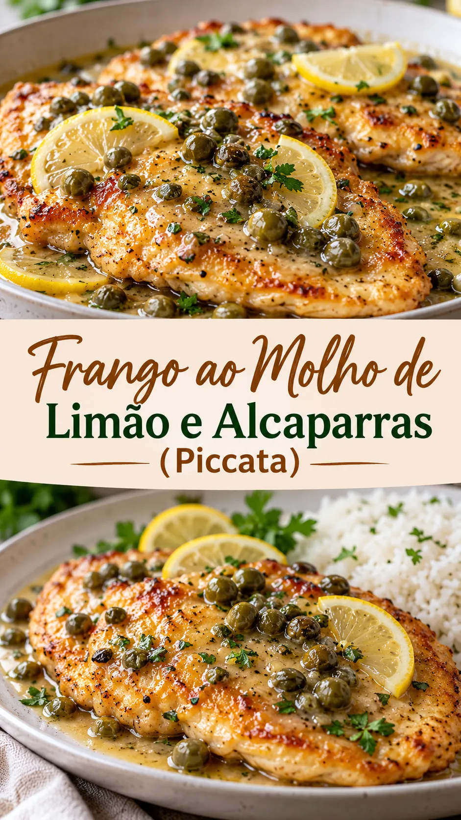 Imagem para o Pinterest com o título “Frango ao Molho de Limão e Alcaparras (Piccata)” e duas fotos da receita