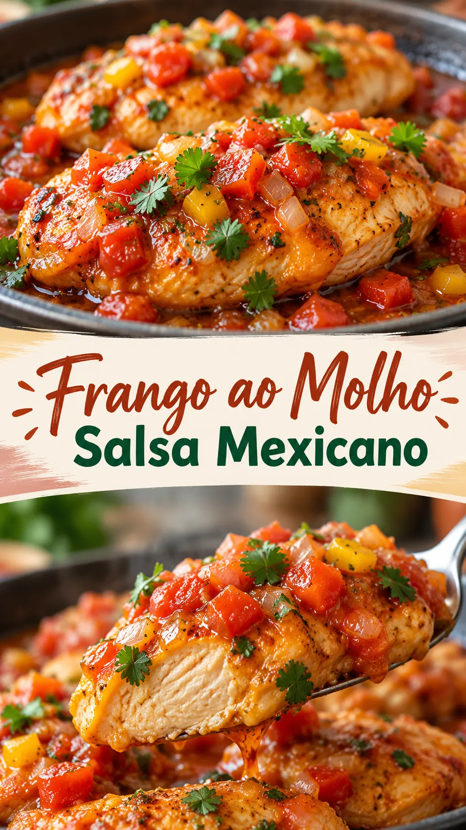 Imagem para o Pinterest com o título “Frango ao Molho Salsa Mexicano” e duas fotos da receita