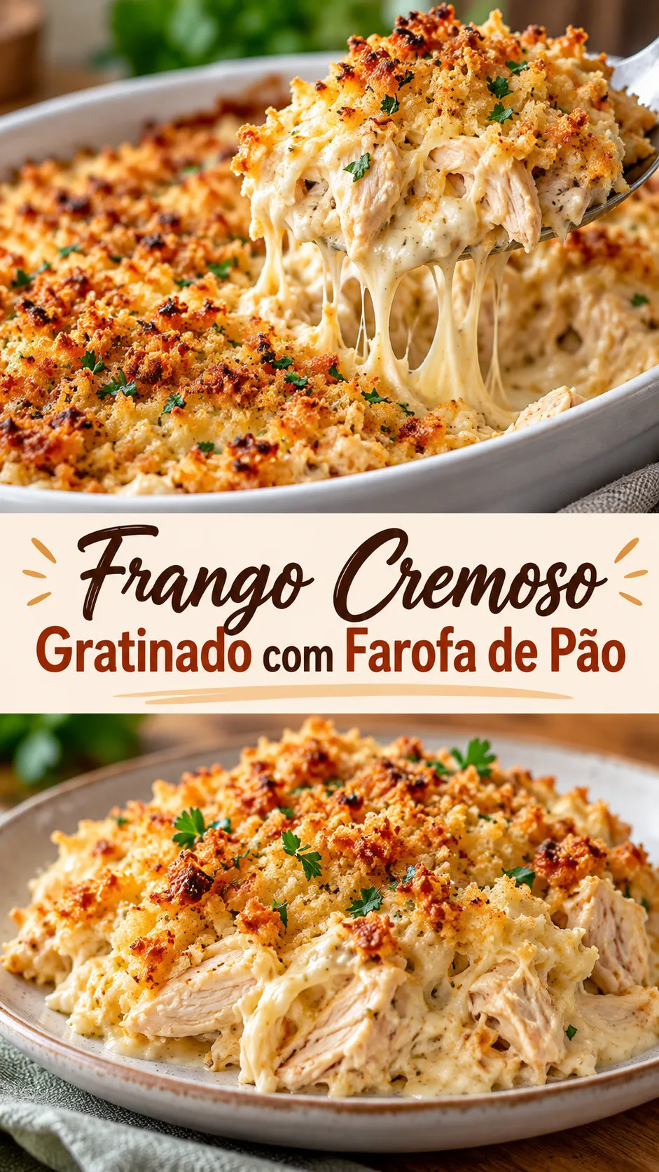 Imagem para o Pinterest com o título “Frango Cremoso Gratinado com Farofa de Pão” e duas fotos da receita