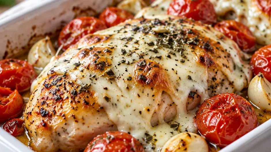 Foto de frango no Forno com Tomate-Cereja, Alho e Muçarela pronto para servir