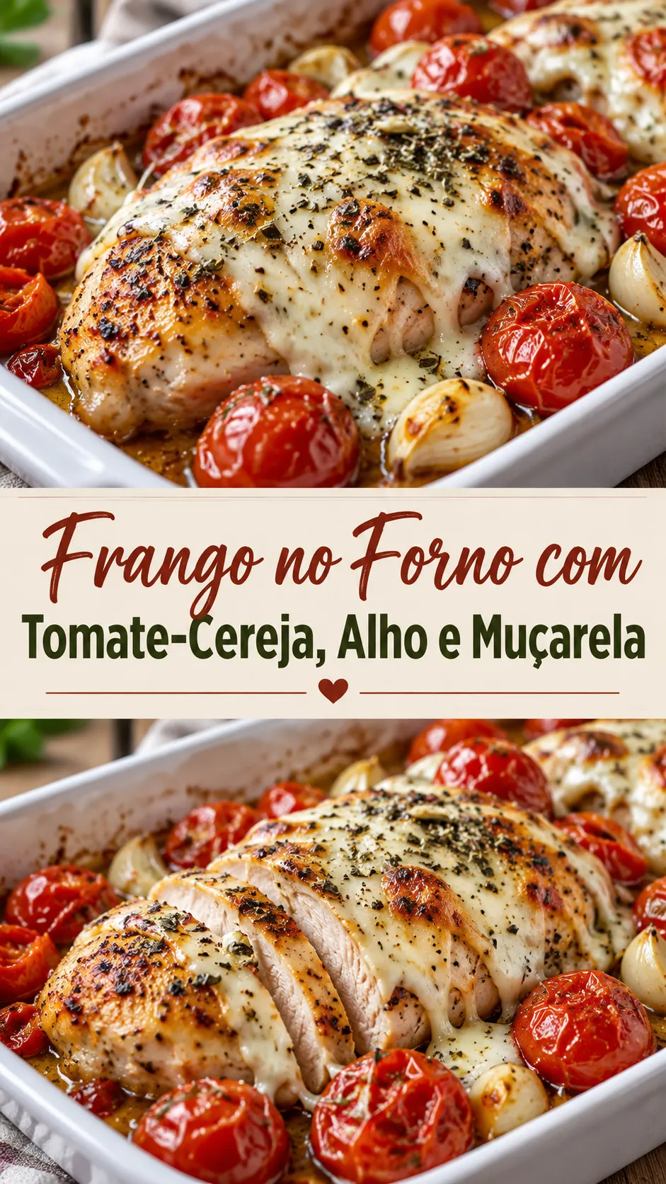 Imagem para o Pinterest com o título “Frango no Forno com Tomate-Cereja, Alho e Muçarela” e duas fotos da receita