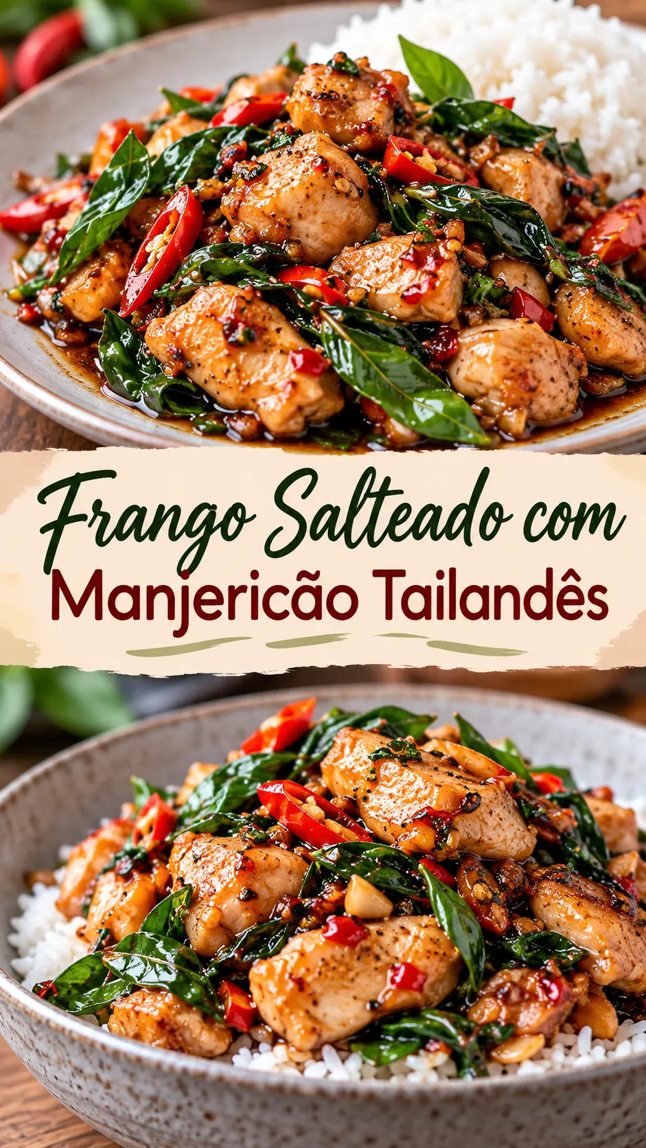 Imagem para o Pinterest com o título “Frango Salteado com Manjericão Tailandês” e duas fotos da receita