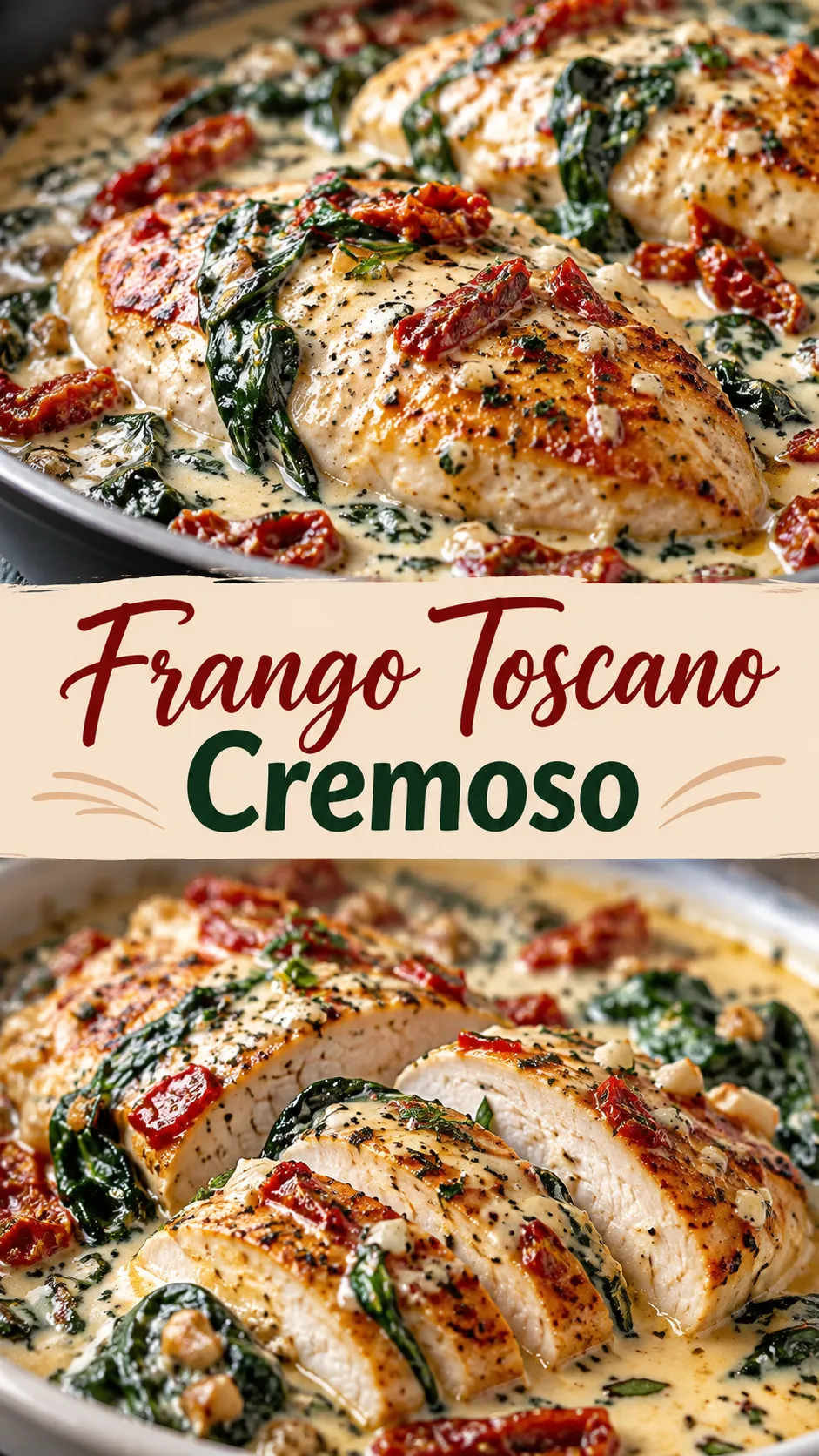 Imagem para o Pinterest com o título “Frango Toscano Cremoso” e duas fotos da receita