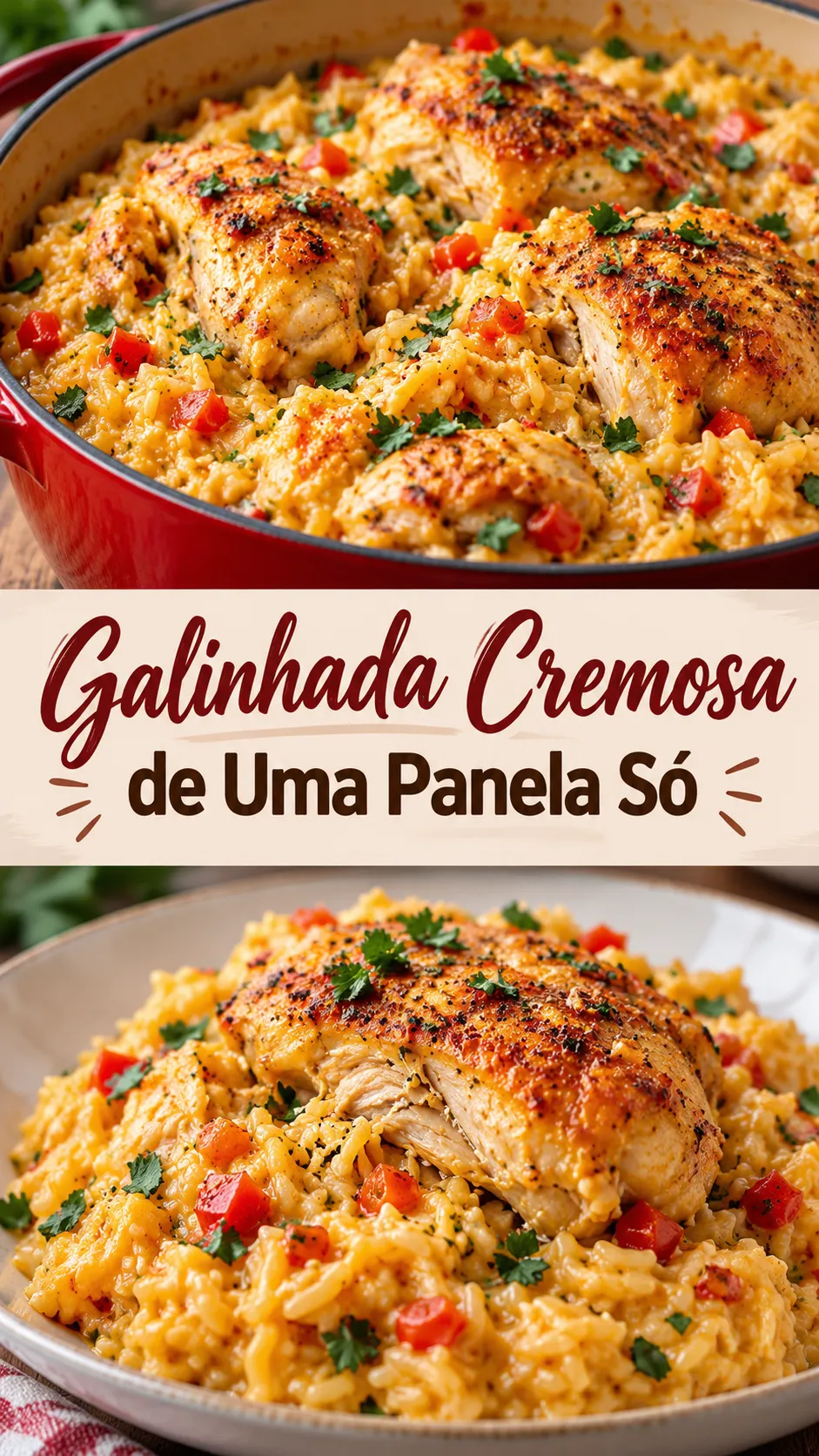 Imagem para o Pinterest com o título “Galinhada Cremosa de Uma Panela Só” e duas fotos da receita