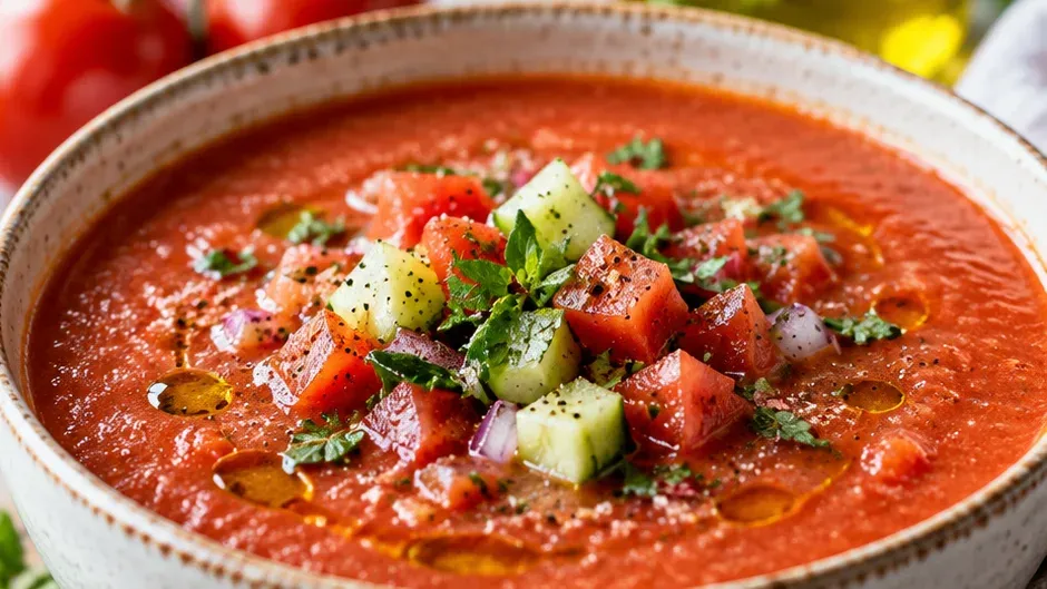 Foto de gaspacho Clássico de Tomate com Ervas Frescas pronto para servir
