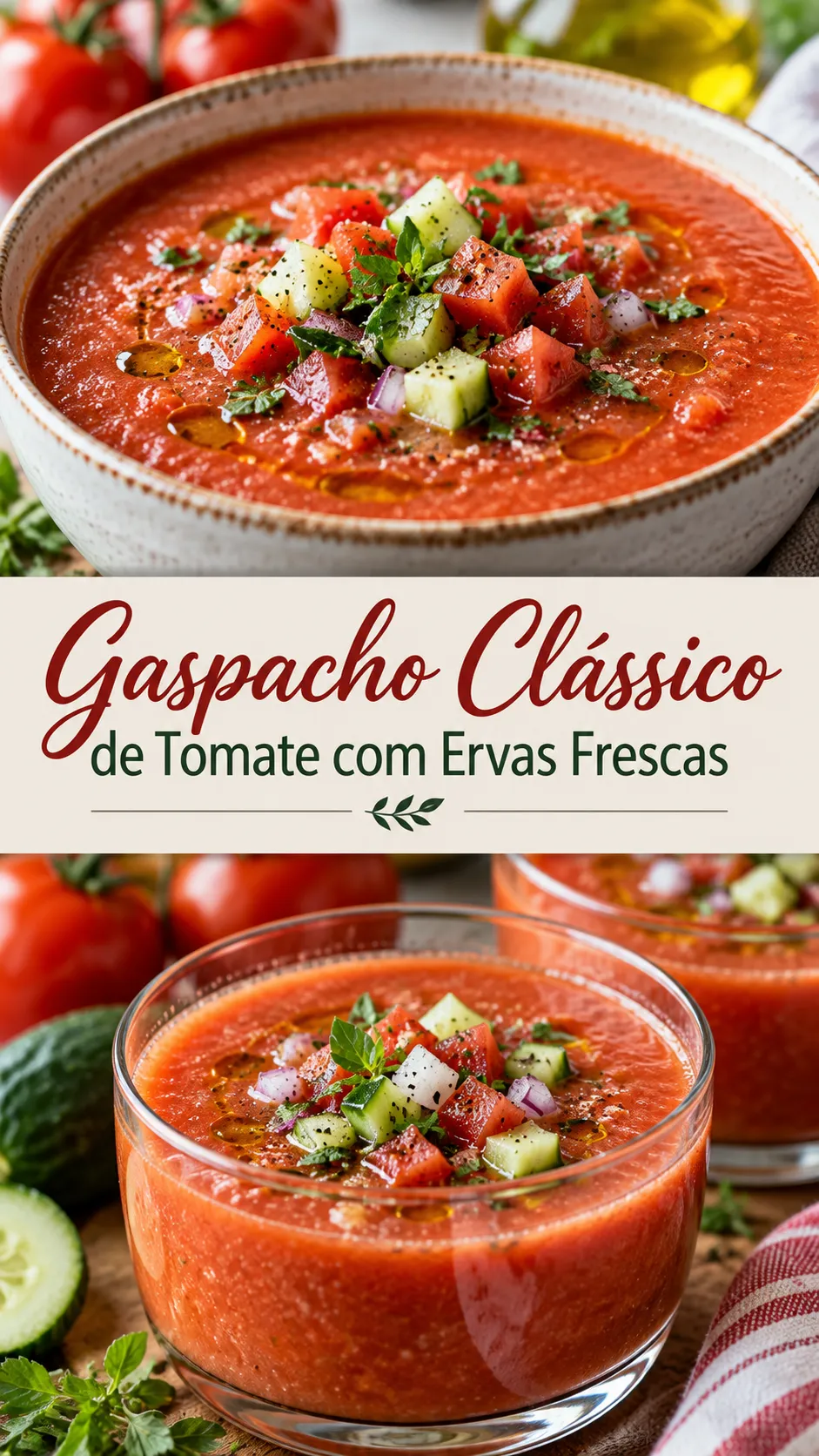 Imagem para o Pinterest com o título “Gaspacho Clássico de Tomate com Ervas Frescas” e duas fotos da receita