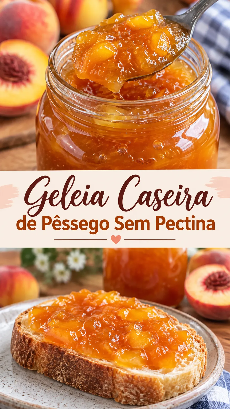 Imagem para o Pinterest com o título “Geleia Caseira de Pêssego Sem Pectina” e duas fotos da receita