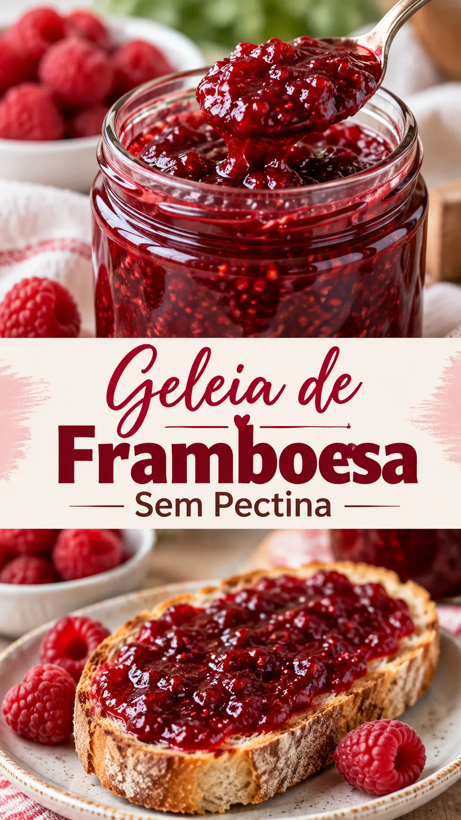 Imagem para o Pinterest com o título “Geleia de Framboesa Sem Pectina” e duas fotos da receita