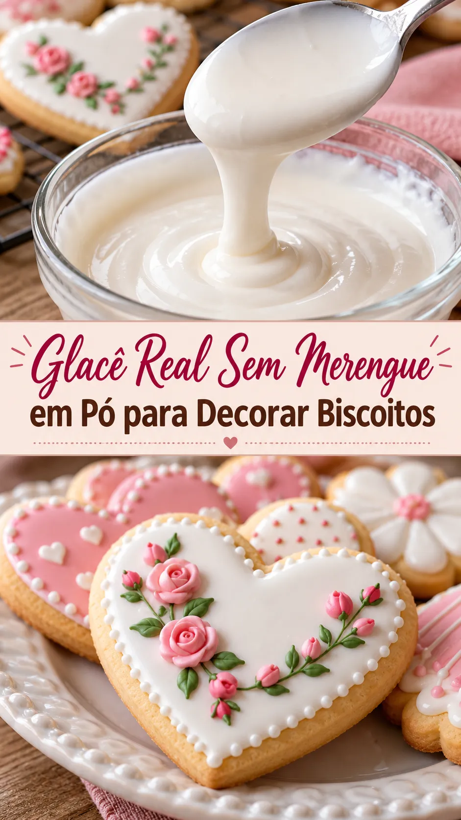 Imagem para o Pinterest com o título “Glacê Real Sem Merengue em Pó para Decorar Biscoitos” e duas fotos da receita