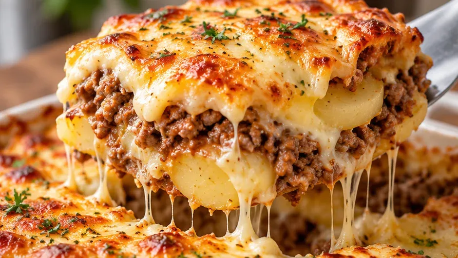 Foto de gratinado de Carne Moída, Batata e Queijo pronto para servir