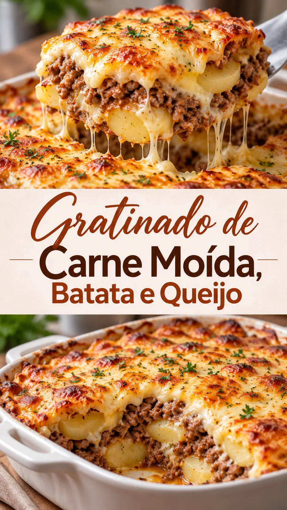 Imagem para o Pinterest com o título “Gratinado de Carne Moída, Batata e Queijo” e duas fotos da receita