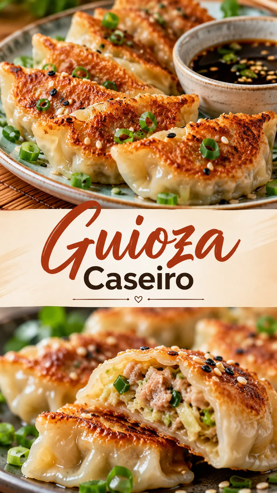 Imagem para o Pinterest com o título “Guioza Caseiro” e duas fotos da receita