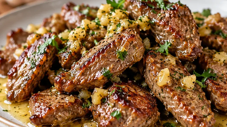 Foto de iscas de Carne na Manteiga com Alho pronto para servir