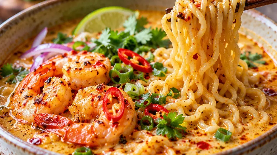Foto de lámen Picante de Curry com Coco pronto para servir