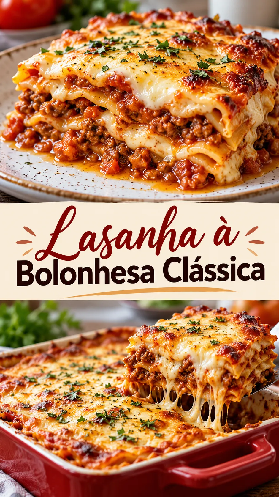 Imagem para o Pinterest com o título “Lasanha à Bolonhesa Clássica” e duas fotos da receita