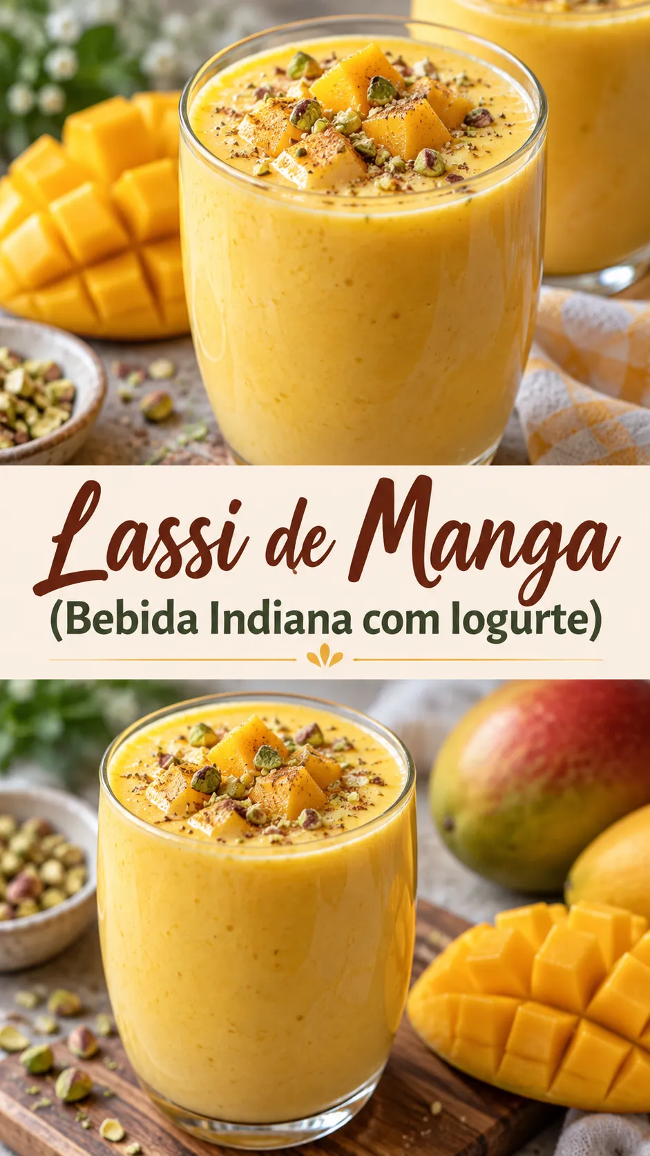 Imagem para o Pinterest com o título “Lassi de Manga (Bebida Indiana com Iogurte)” e duas fotos da receita