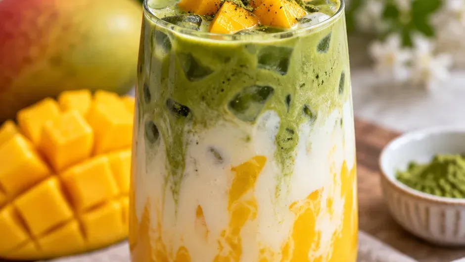 Foto de latte de Matcha com Manga pronto para servir