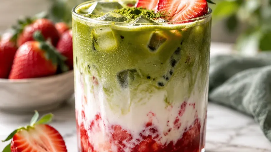Foto de latte Gelado de Matcha com Morango pronto para servir