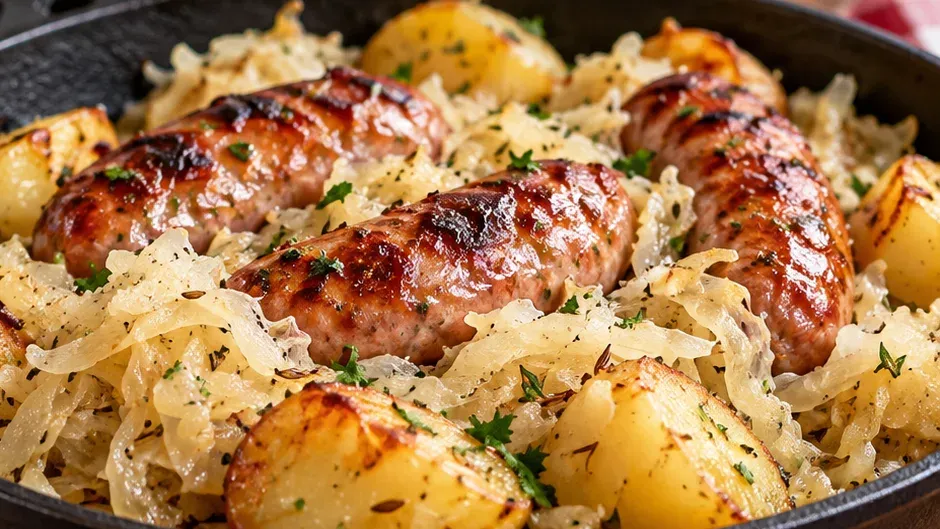 Foto de linguiça com Chucrute e Batatas pronto para servir