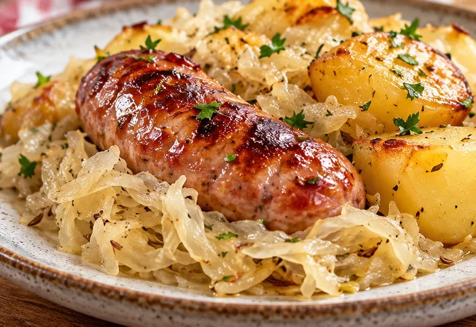Outra foto de linguiça com Chucrute e Batatas