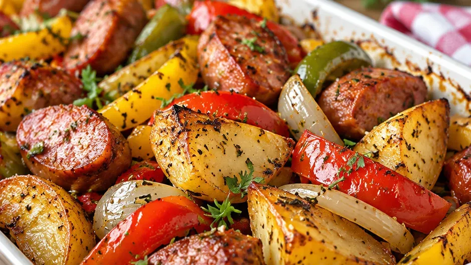 Foto de linguiça com Pimentões e Batatas na Assadeira pronto para servir