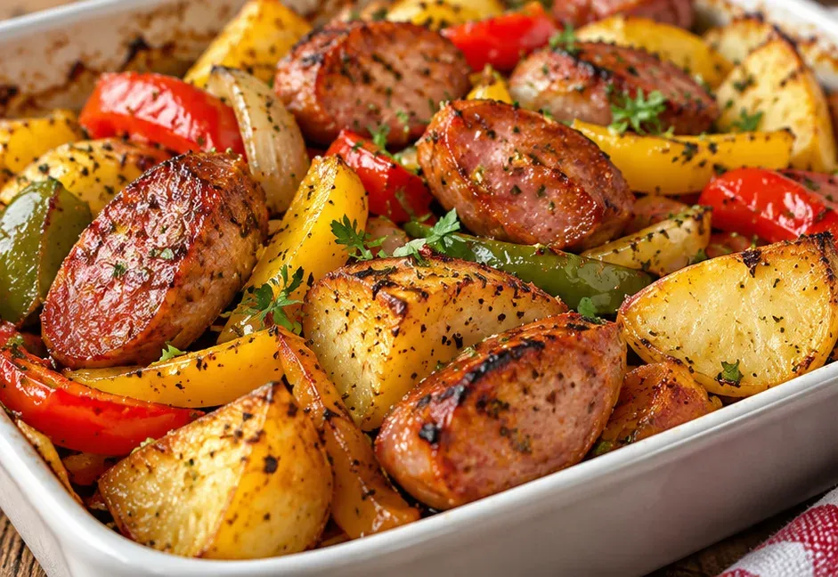 Outra foto de linguiça com Pimentões e Batatas na Assadeira
