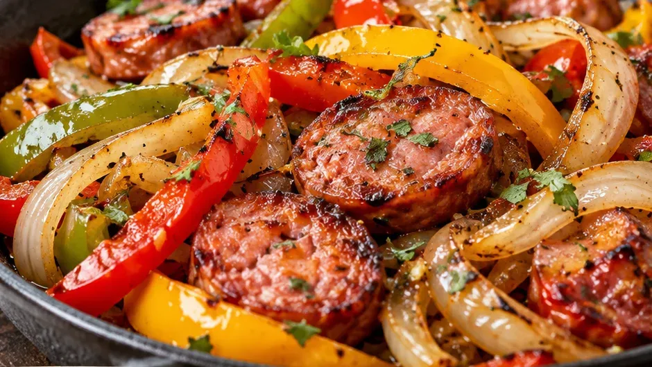 Foto de linguiça com Pimentões e Cebola pronto para servir
