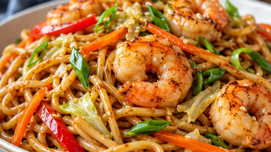 Foto de lo Mein de Camarão (Macarrão Chinês com Camarão) pronto para servir