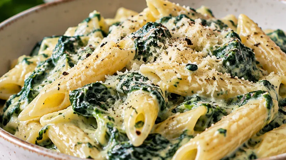 Foto de macarrão ao Molho Cremoso de Espinafre pronto para servir
