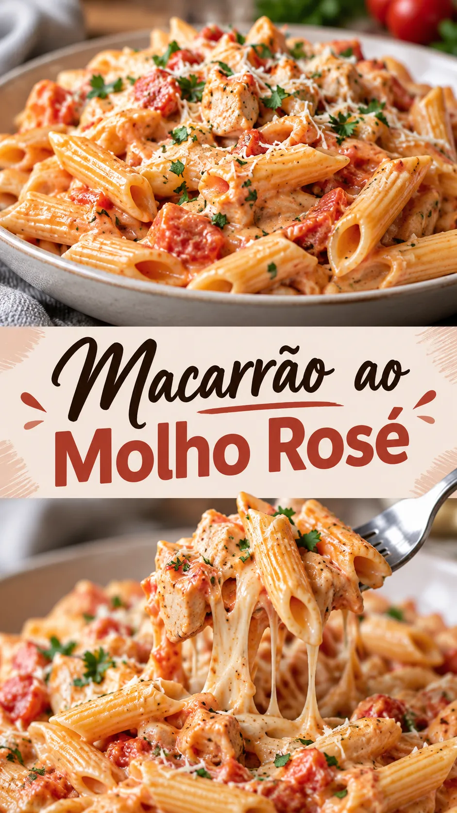 Imagem para o Pinterest com o título “Macarrão ao Molho Rosé” e duas fotos da receita