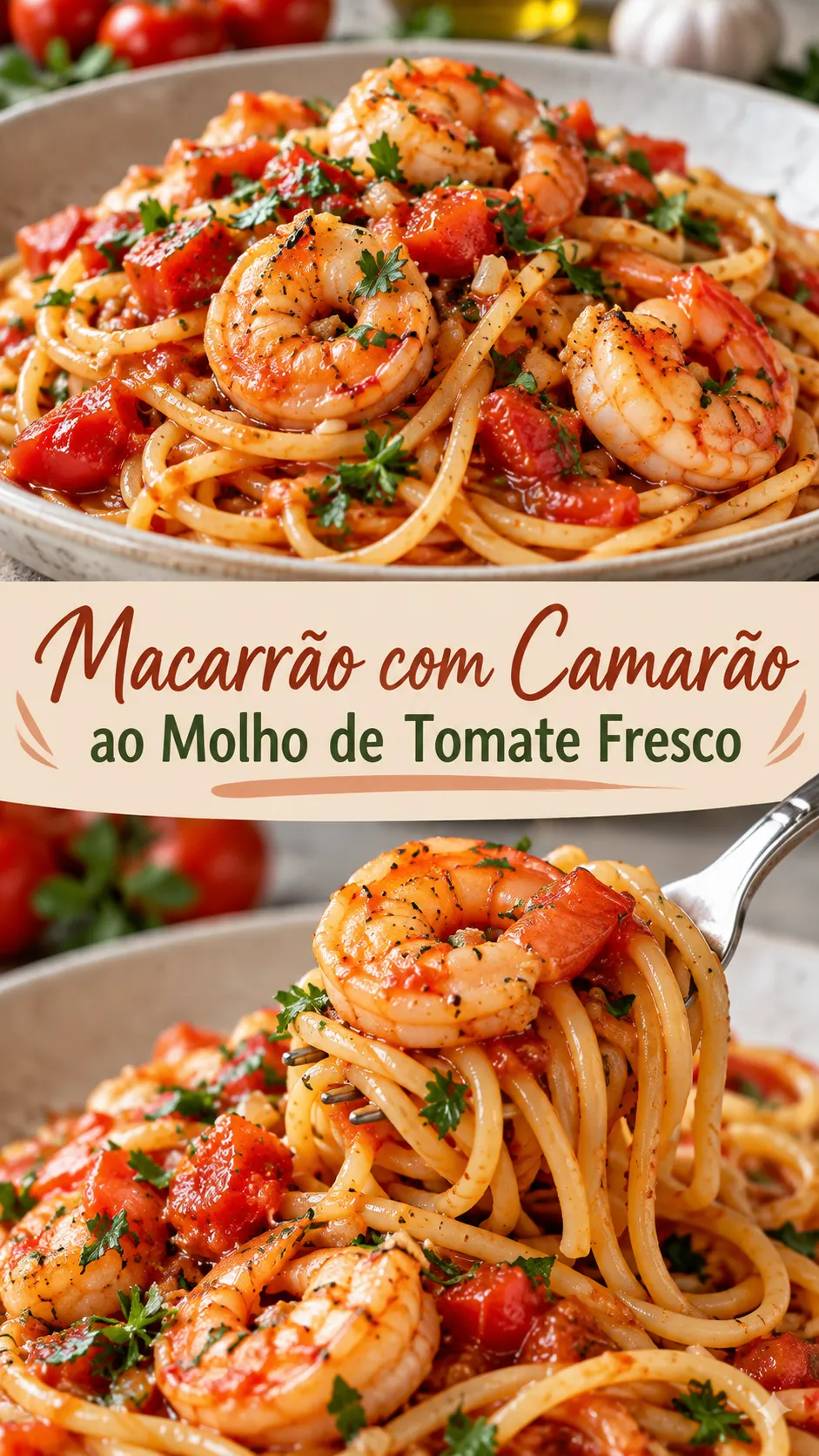 Imagem para o Pinterest com o título “Macarrão com Camarão ao Molho de Tomate Fresco” e duas fotos da receita