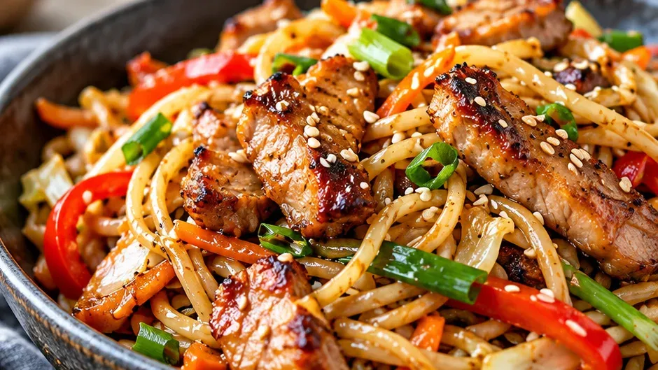 Foto de macarrão com Carne de Porco ao Estilo Asiático pronto para servir