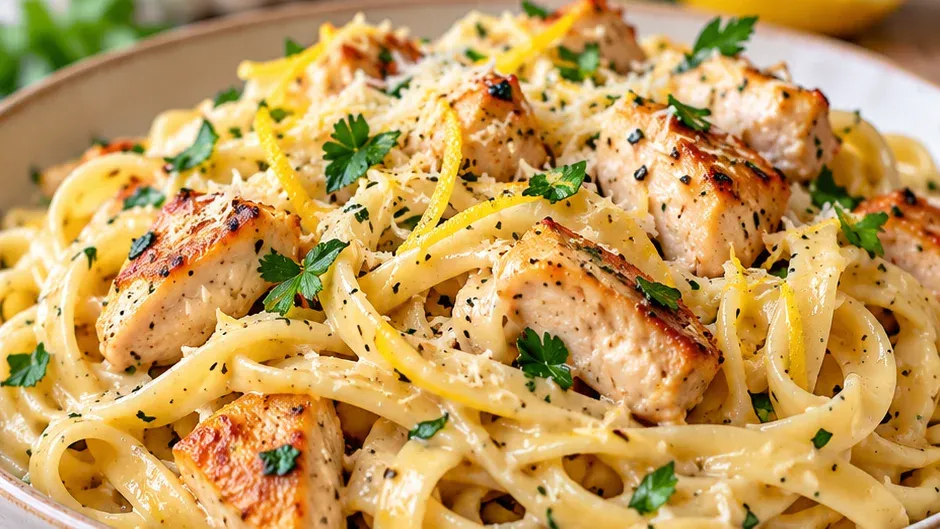 Foto de macarrão com Frango ao Alho e Limão pronto para servir