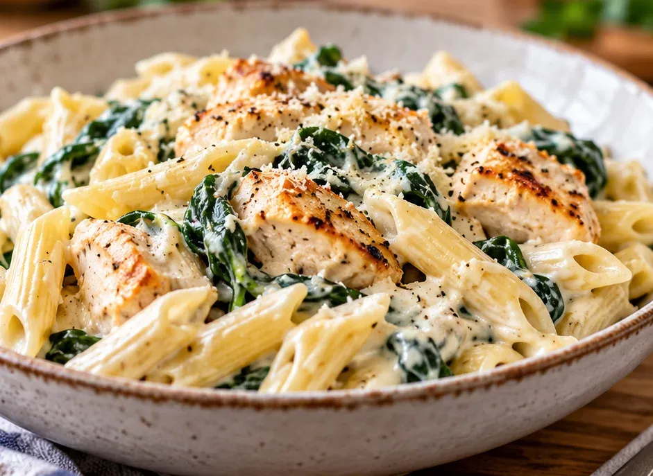 Outra foto de macarrão com Frango e Espinafre ao Molho Branco
