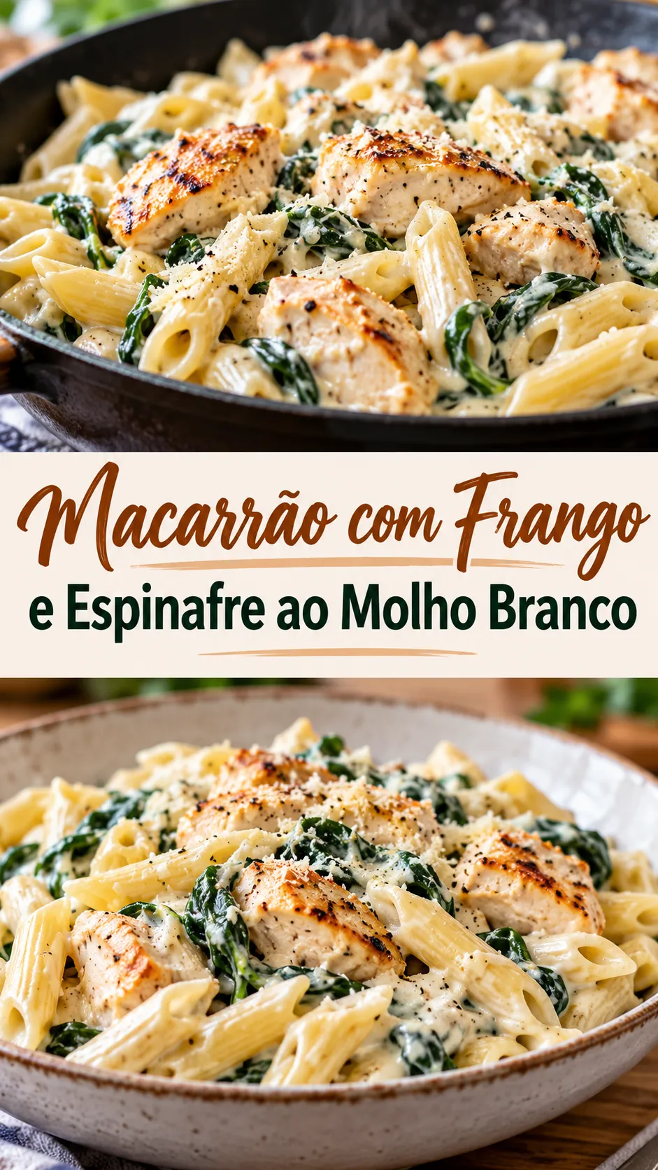 Imagem para o Pinterest com o título “Macarrão com Frango e Espinafre ao Molho Branco” e duas fotos da receita