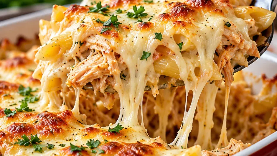 Foto de macarrão com Frango e Muçarela Gratinado pronto para servir