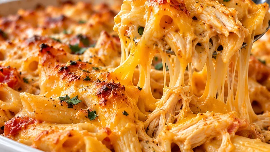 Foto de macarrão com Frango e Queijo Cheddar pronto para servir