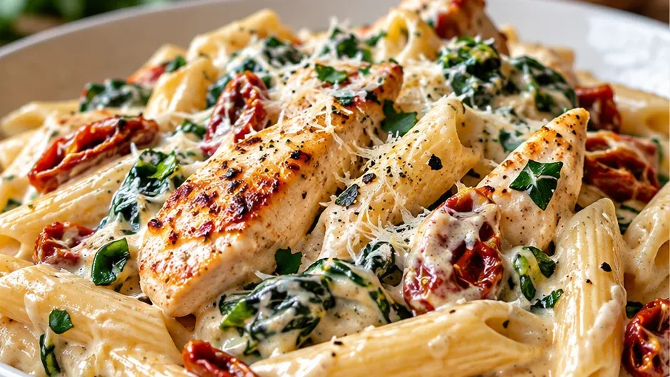 Foto de macarrão com Frango Toscano Cremoso pronto para servir