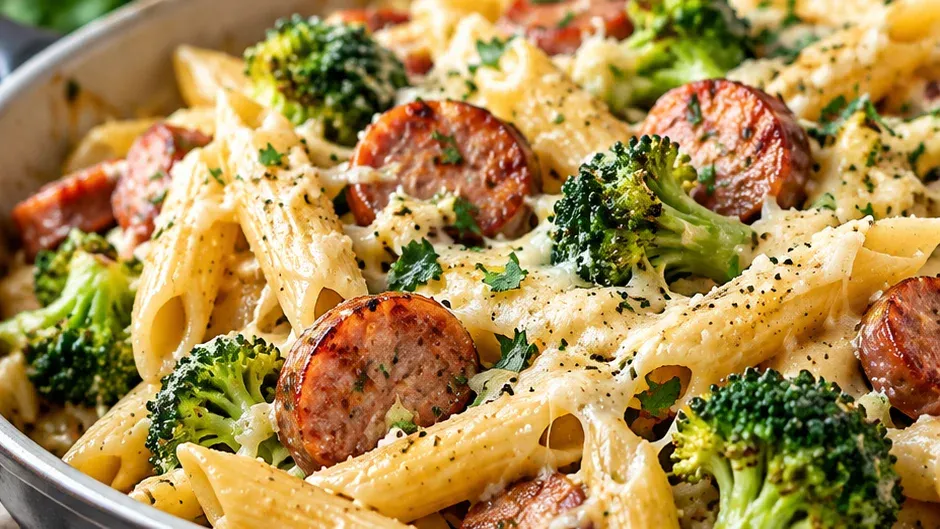 Foto de macarrão com Linguiça e Brócolis pronto para servir