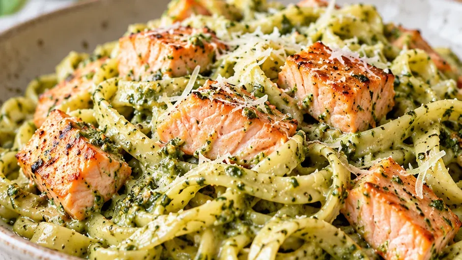 Foto de macarrão com Salmão ao Pesto pronto para servir