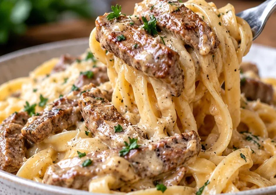 Outra foto de macarrão com Tirinhas de Filé Mignon ao Molho Cremoso