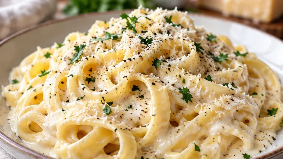 Foto de macarrão Cremoso ao Molho Alfredo Clássico pronto para servir