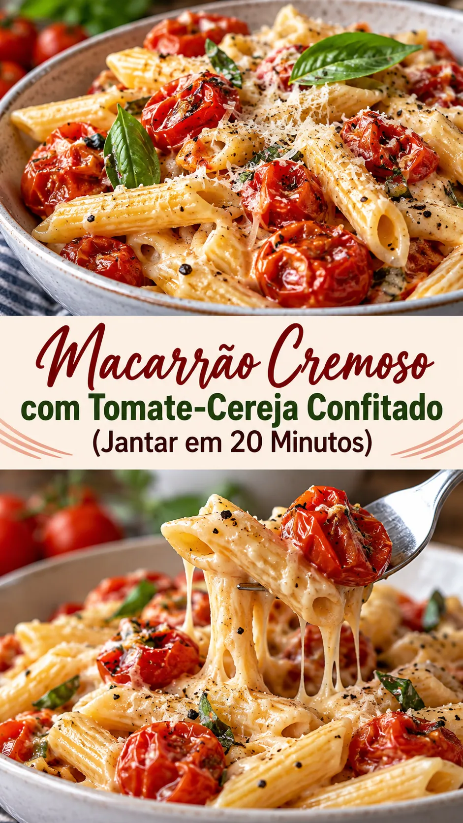 Imagem para o Pinterest com o título “Macarrão Cremoso com Tomate-Cereja Confitado (Jantar em 20 Minutos)” e duas fotos da receita