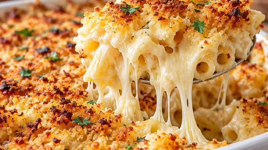 Foto de macarrão de Forno com Queijo e Cobertura Crocante pronto para servir