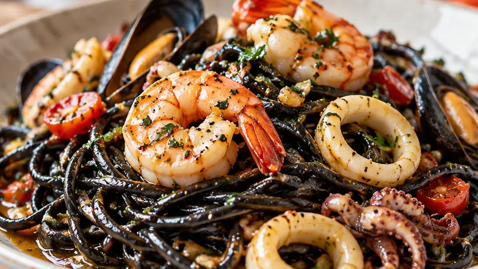Foto de macarrão Negro com Frutos do Mar pronto para servir