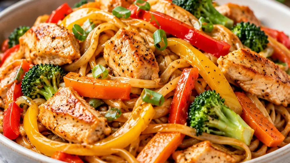 Foto de macarrão Salteado com Frango e Legumes pronto para servir